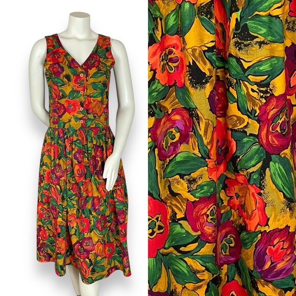Vintage Dress‎ Jumper Floral Handmade Bright Midi Autumn Dropped Waist V-Neck - Picture 1 of 14